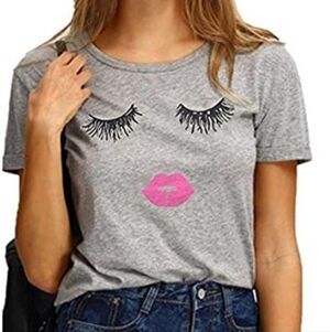 Women's Large Gray Shirt with Pink Lips Eyelashes Fun Makeup Glamour Design